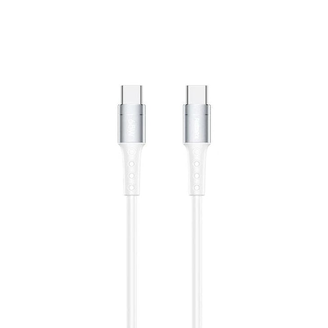 REMAX USB-C Charging Cable for Home and Travel Use white USB-C to USB-C cable showing both connectors for home and travel charging