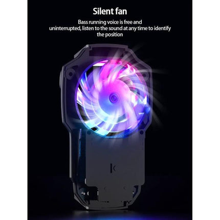 MeMo Mobile Phone Cooler for Everyday Gaming Sessions showing RGB silent fan cooling a smartphone to prevent overheating during gaming