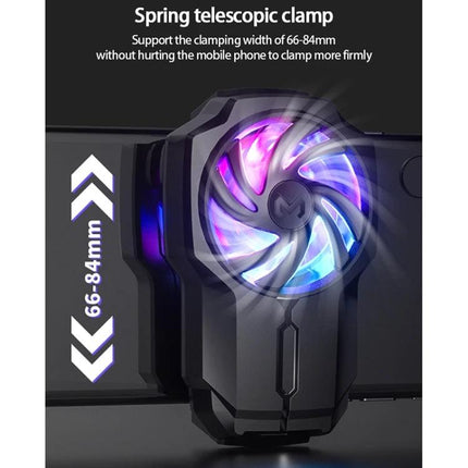 MeMo Mobile Phone Cooler for Everyday Gaming Sessions - close-up of telescopic clamp and RGB cooling fan on smartphone (66-84mm)
