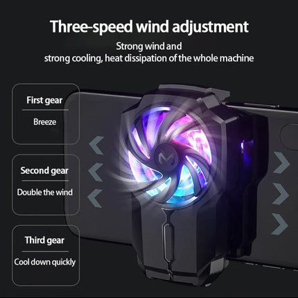 MeMo Mobile Phone Cooler for Everyday Gaming Sessions shown attached to smartphone with RGB fan and three-speed wind adjustment