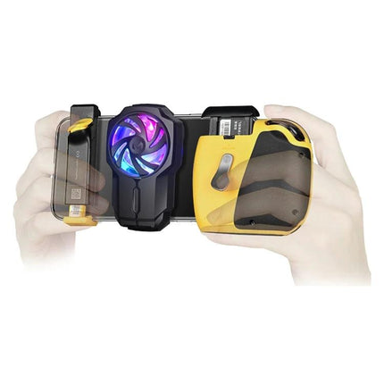 MeMo Mobile Phone Cooler for Everyday Gaming Sessions attached to phone with RGB fan and controller grips