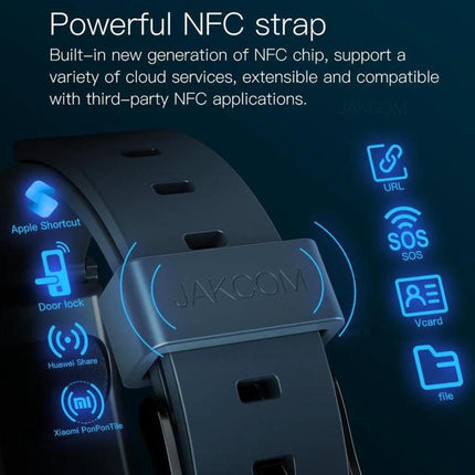 Keep track of daily activities with the JAKCOM smart watch — NFC strap close-up showing JAKCOM branding and app icons for SOS, URL, Vcard