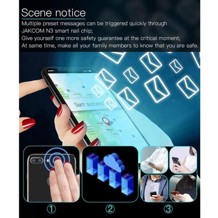 JAKCOM Nail Chip for Everyday Contactless Daily Use slim NFC nail device showing tap-to-share notifications and safety alerts