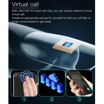 JAKCOM Nail Chip for Everyday Contactless Daily Use showing nail-mounted NFC chip enabling virtual calls and tap-to-share interactions