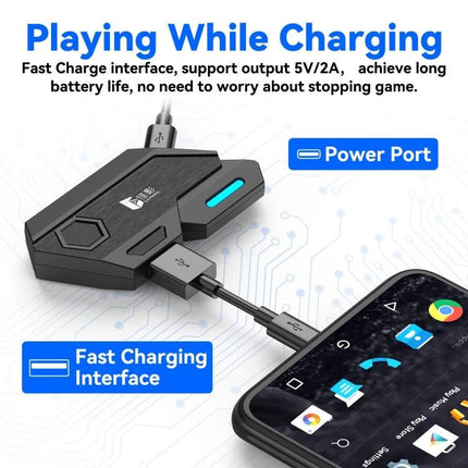 GAMWING Converter for Mobile Gaming with Keyboard and Mouse connected to phone showing power port and fast charging interface for playing while charging