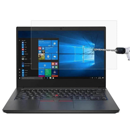 HD Tempered Glass Screen Protector for 14-Inch Laptops showing clear anti-glare shield resisting a drill impact on laptop screen