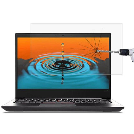 HD Tempered Glass Screen Protector for 14-Inch Laptops showing clear protection against drill impact and reduced glare on laptop display