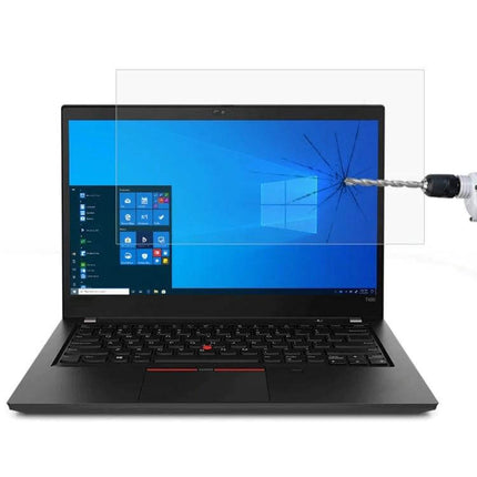 HD Tempered Glass Screen Protector for 14-Inch Laptops showing drill impact resistance and clear anti-glare protection