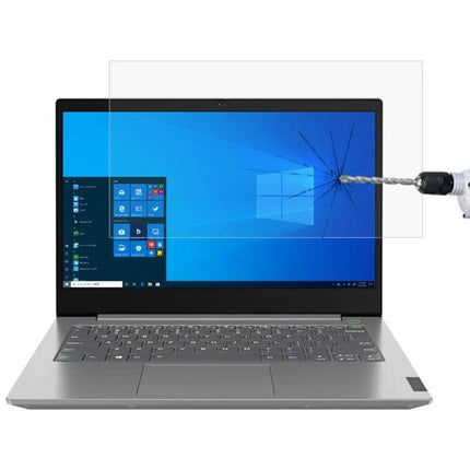 HD Tempered Glass Screen Protector for 14-Inch Laptops shown on a laptop blocking drill impact and reducing glare