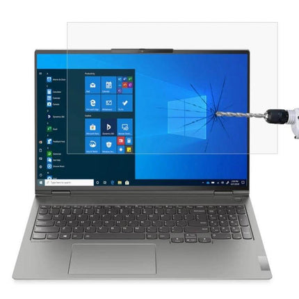HD Tempered Glass Screen Protector for 14-Inch Laptops showing drill impact resistance and anti-glare clarity on a laptop display