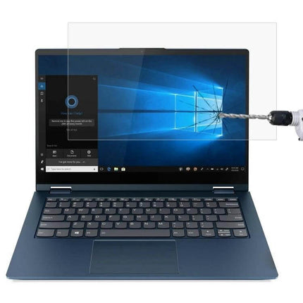 HD Tempered Glass Screen Protector for 14-Inch Laptops installed on a 14-inch laptop showing drill impact resistance and clear anti-glare protection