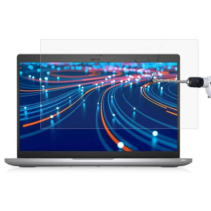 Clear Tempered Glass Protective Film for 14-Inch Laptops installed on laptop screen showing anti-glare, high transparency and impact protection