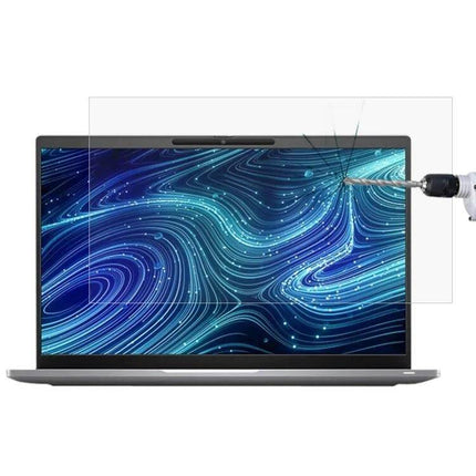 Clear Tempered Glass Protective Film for 14-Inch Laptops shown protecting laptop screen from drill impact and reducing glare