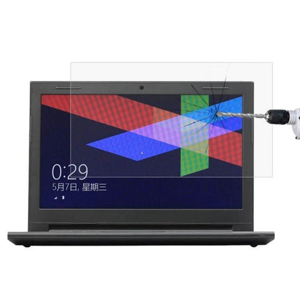 Clear Tempered Glass Protective Film for 14-Inch Laptops shown on a laptop screen resisting drill impact and reducing glare