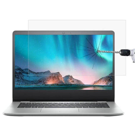 Clear Tempered Glass Protective Film for 14-Inch Laptops shown on a laptop screen resisting drill impact, high transparency and anti-glare protection