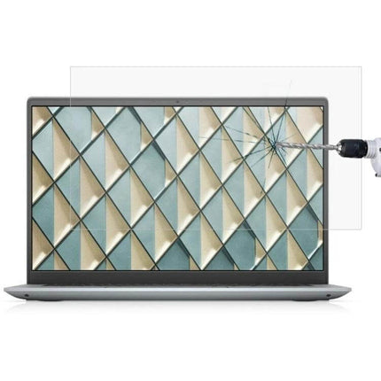 Clear Tempered Glass Protective Film for 14-Inch Laptops shown on a laptop with drill impact demonstrating shatter resistance and clear, anti-glare protection