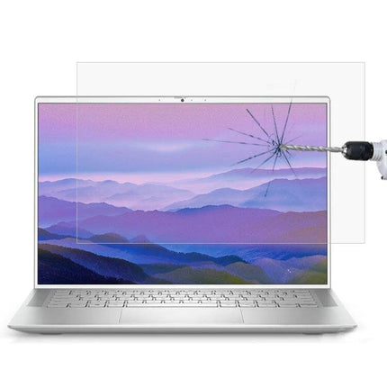 Clear Tempered Glass Protective Film for 14-Inch Laptops showing drilled impact resistance and clear, anti-glare screen protection