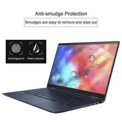 HD Tempered Glass Screen Protector for 14-Inch HP Laptops shown on a 14-inch HP laptop highlighting anti-smudge, anti-fingerprint and water-resistant protection