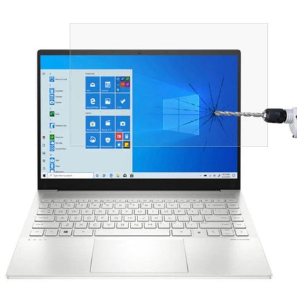 HD Tempered Glass Screen Protector for 14-Inch HP Laptops showing drilled-impact resistance and clear protection on a silver 14-inch HP laptop screen