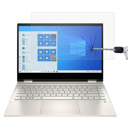 HD Tempered Glass Screen Protector for 14-Inch HP Laptops shown on a silver laptop resisting a drill impact, clear anti-scratch glare reduction