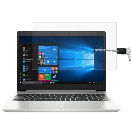 HD Tempered Glass Screen Protector for 14-Inch HP Laptops shown protecting a laptop screen from drill impact and scratches