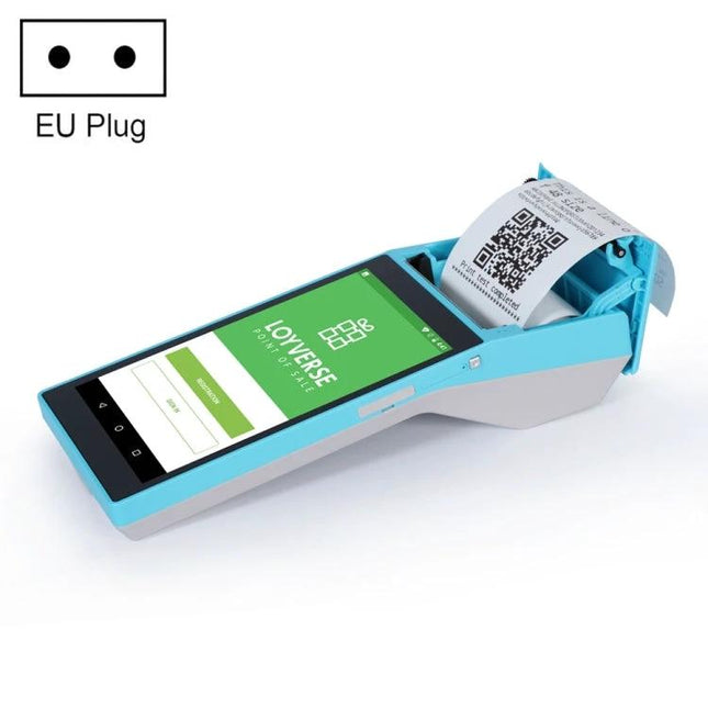 Handheld POS Receipt Printer with 5.5-Inch HD Screen showing Android app, thermal receipt with QR code and EU plug icon