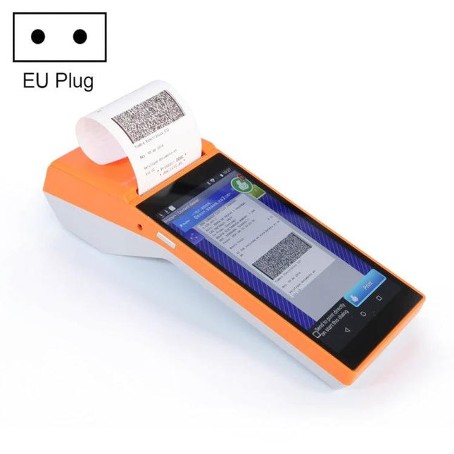 Handheld POS Receipt Printer with 5.5-Inch HD Screen in orange showing printed receipt and Android app