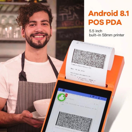 Handheld POS Receipt Printer with 5.5-Inch HD Screen showing Android 8.1 device printing receipts for mobile merchants