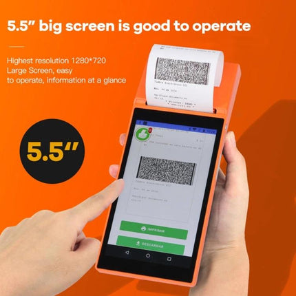 Handheld POS Receipt Printer with 5.5-Inch HD Screen showing touchscreen interface and receipt printing for mobile merchants