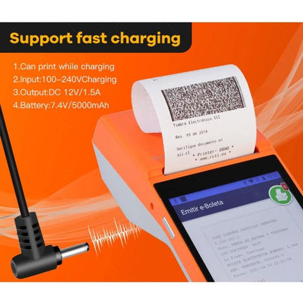 Handheld POS Receipt Printer with 5.5-Inch HD Screen showing printing receipt and charging port, 5.5-inch touchscreen Android 8.1 mobile POS