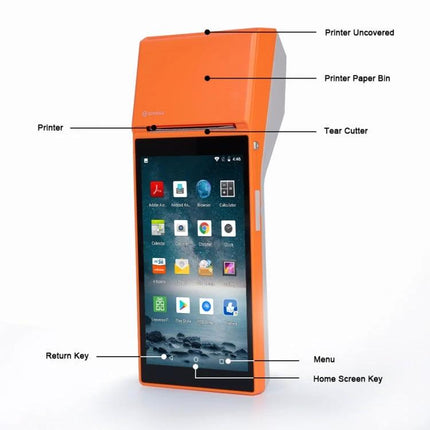 Handheld POS Receipt Printer with 5.5-Inch HD Screen orange Android 8.1 touchscreen device with built-in receipt printer and tear cutter for mobile sales