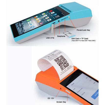 Handheld POS Receipt Printer with 5.5-Inch HD Screen handheld Android 8.1 printer showing touchscreen, SIM/TF slots, USB OTG and receipt output
