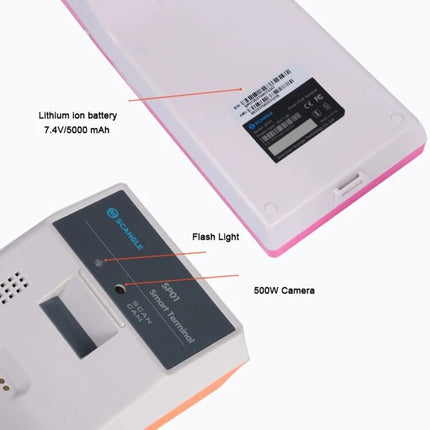 Handheld POS Receipt Printer with 5.5-Inch HD Screen showing back battery label, 500W camera, flash light and printing slot