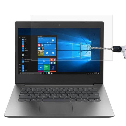 Tempered Glass Protective Film for 14-Inch Lenovo Laptops applied on laptop screen showing drill impact resistance and anti-glare protection
