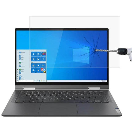 Tempered Glass Protective Film for 14-Inch Lenovo Laptops on a laptop screen showing drill impact resistance and anti-scratch clarity