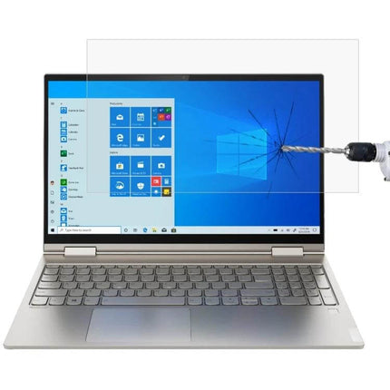Tempered Glass Protective Film for 14-Inch Lenovo Laptops on silver Lenovo laptop showing drill impact resistance and anti-glare clarity