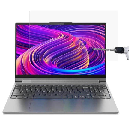 Tempered Glass Protective Film for 14-Inch Lenovo Laptops - clear anti-scratch, anti-fingerprint screen protector showing drill impact demo
