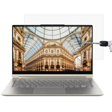Tempered Glass Protective Film for 14-Inch Lenovo Laptops installed on silver Lenovo laptop showing anti-scratch, anti-glare screen protection