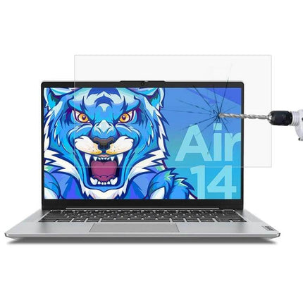 Tempered Glass Protective Film for 14-Inch Lenovo Laptops shown on a laptop with drill impact resisting scratches and glare protection