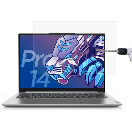 Tempered Glass Protective Film for 14-Inch Lenovo Laptops on silver laptop showing drill impact resistance and anti-glare screen protector