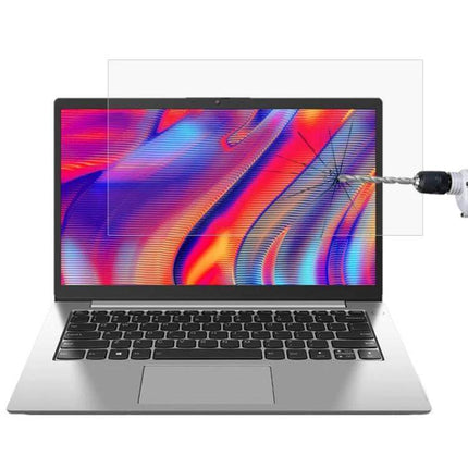 Tempered Glass Protective Film for 14-Inch Lenovo Laptops showing clear screen protection against drill impact and scratches