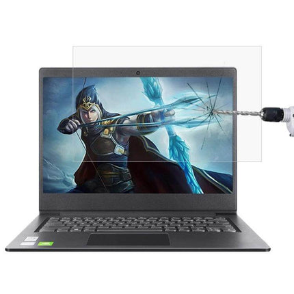 Tempered Glass Protective Film for 14-Inch Lenovo Laptops showing drill impact resistance and scratch protection on laptop screen