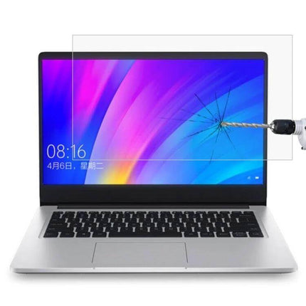 Clear Tempered Glass Screen Protector for 14-Inch Laptops showing drill impact test with cracked protector over laptop screen