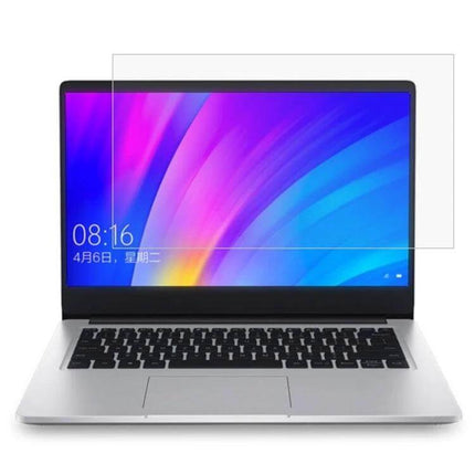 Clear Tempered Glass Screen Protector for 14-Inch Laptops shown on silver laptop, high transparency, anti-scratch and anti-smudge protection