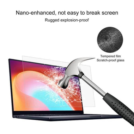 Clear Tempered Glass Screen Protector for 14-Inch Laptops shown protecting a laptop from hammer impact, scratch-proof tempered film