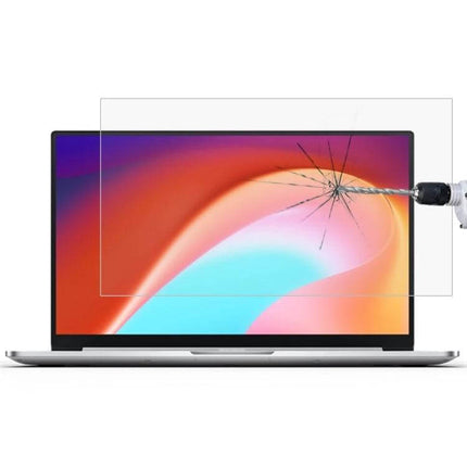 Clear Tempered Glass Screen Protector for 14-Inch Laptops showing drilled-impact test protecting laptop display from cracks