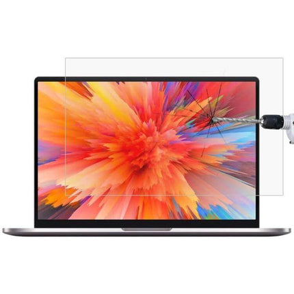 Clear Tempered Glass Screen Protector for 14-Inch Laptops shown resisting drill impact and protecting laptop display