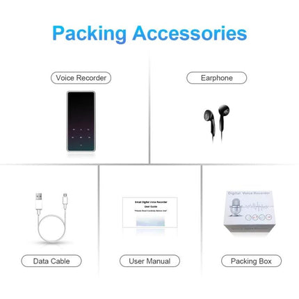 Portable Bluetooth Player for Music, Radio, and Video Playback showing included packing accessories: voice recorder, earphone, data cable, user manual, packing box