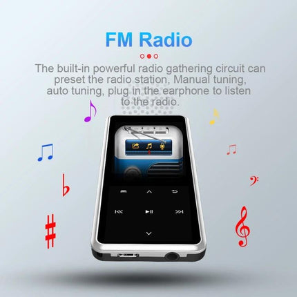 Portable Bluetooth Player for Music, Radio, and Video Playback showing FM radio screen, compact design and simple controls for commuters and outdoor use
