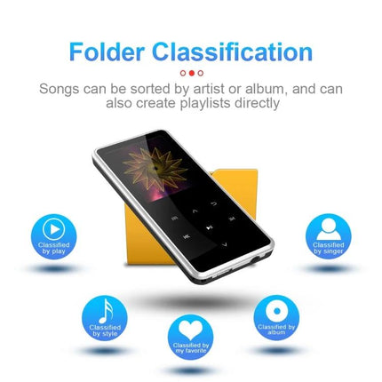 Portable Bluetooth Player for Music, Radio, and Video Playback compact device with folder classification icons for songs sorted by artist album playlists